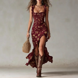 Zara™ | Bohemian Floral Maxi Dress with Ruched Side Slit