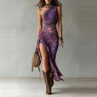 Elena™ | Printed One-Shoulder Maxi Dress with Ruffled Slit