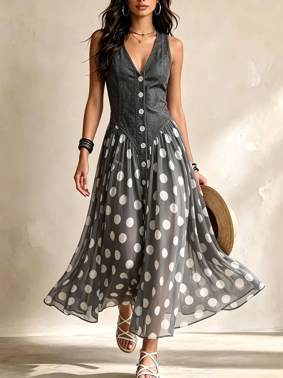 Adelina | Denim-Effect Polka Dot Maxi Dress