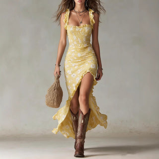 Zara™ | Bohemian Floral Maxi Dress with Ruched Side Slit