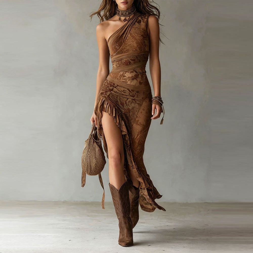 Elena™ | Printed One-Shoulder Maxi Dress with Ruffled Slit