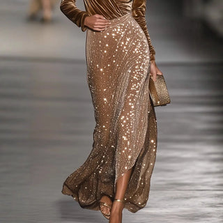 Musetta | Abito Lungo con Corpetto in Velluto, Gonna Glitterata e Spacco
