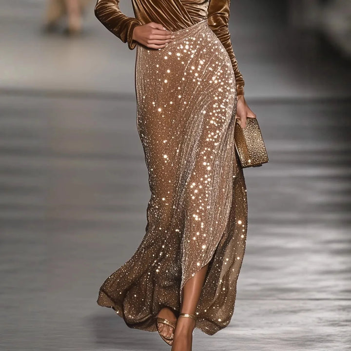 Musetta | Abito Lungo con Corpetto in Velluto, Gonna Glitterata e Spacco