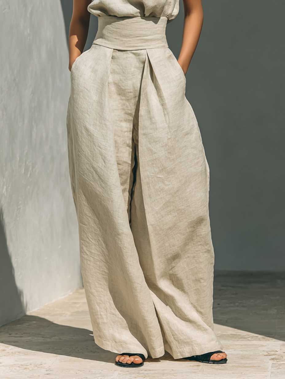 Bérénice™ | Casual Beige Sleeveless Co-Ord Set with Wide Leg Trousers