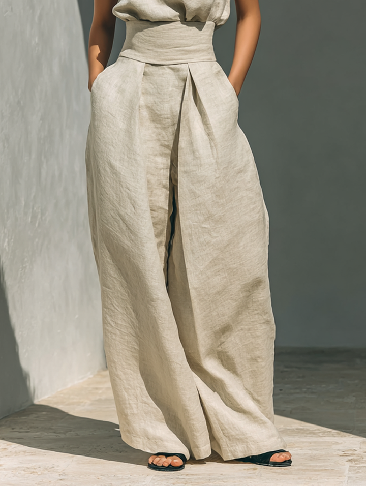 Bérénice™ | Casual Beige Sleeveless Co-Ord Set with Wide Leg Trousers
