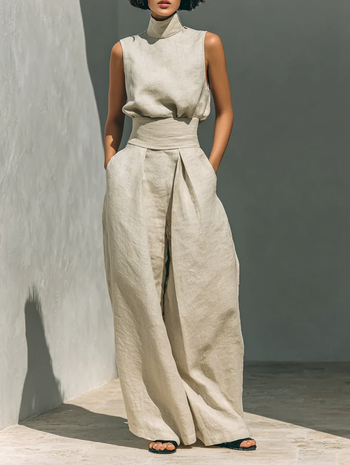 Bérénice™ | Casual Beige Sleeveless Co-Ord Set with Wide Leg Trousers