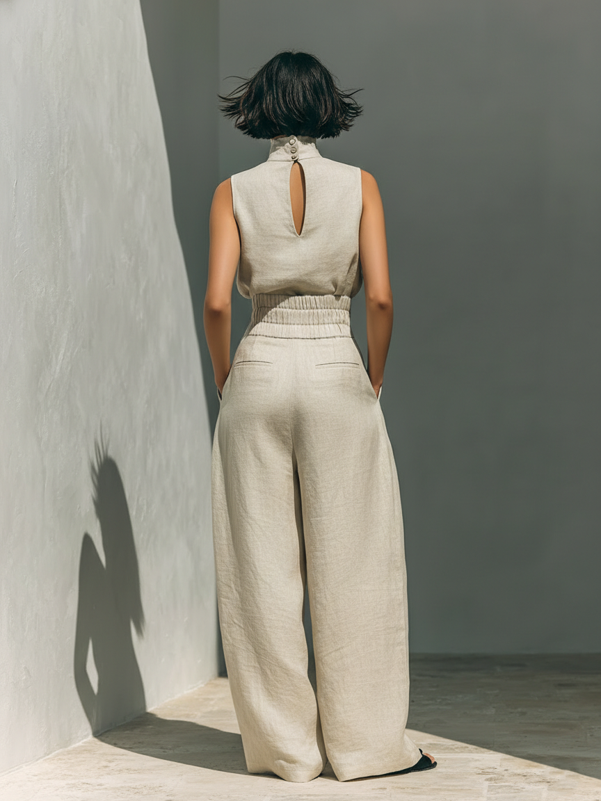 Bérénice™ | Casual Beige Sleeveless Co-Ord Set with Wide Leg Trousers