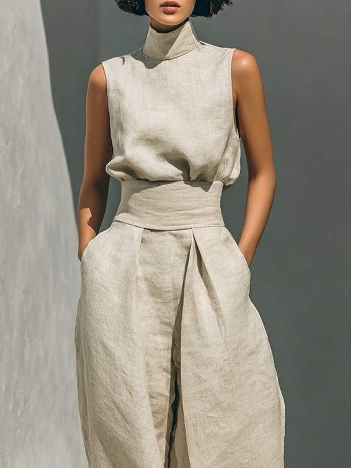Bérénice™ | Casual Beige Sleeveless Co-Ord Set with Wide Leg Trousers