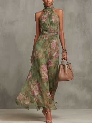 Anaïs™ | Elegant Floral Print Chiffon Maxi Halter Dress