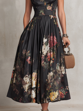 Violetta™ | Black Midi Dress in Pleated Satin with Floral Pattern and Heart Neckline