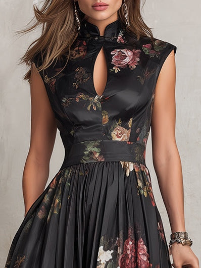 Violetta™ | Black Midi Dress in Pleated Satin with Floral Pattern and Heart Neckline