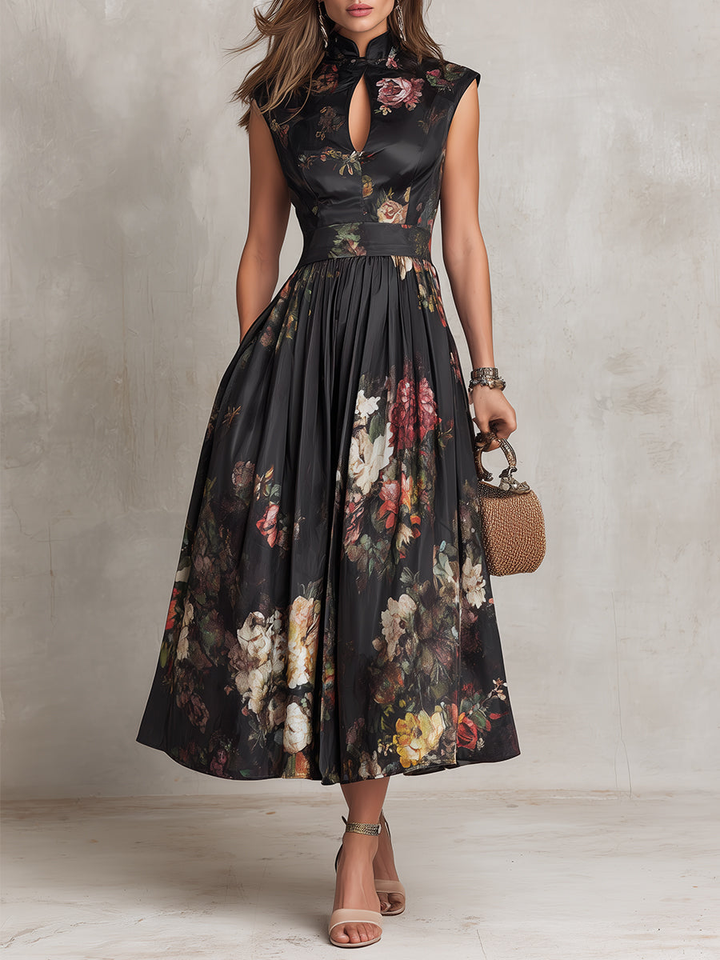 Violetta™ | Black Midi Dress in Pleated Satin with Floral Pattern and Heart Neckline