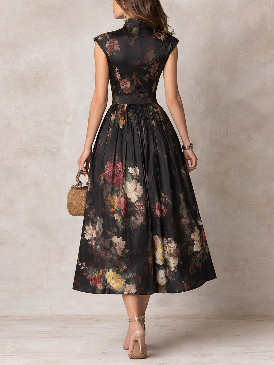 Violetta™ | Black Midi Dress in Pleated Satin with Floral Pattern and Heart Neckline