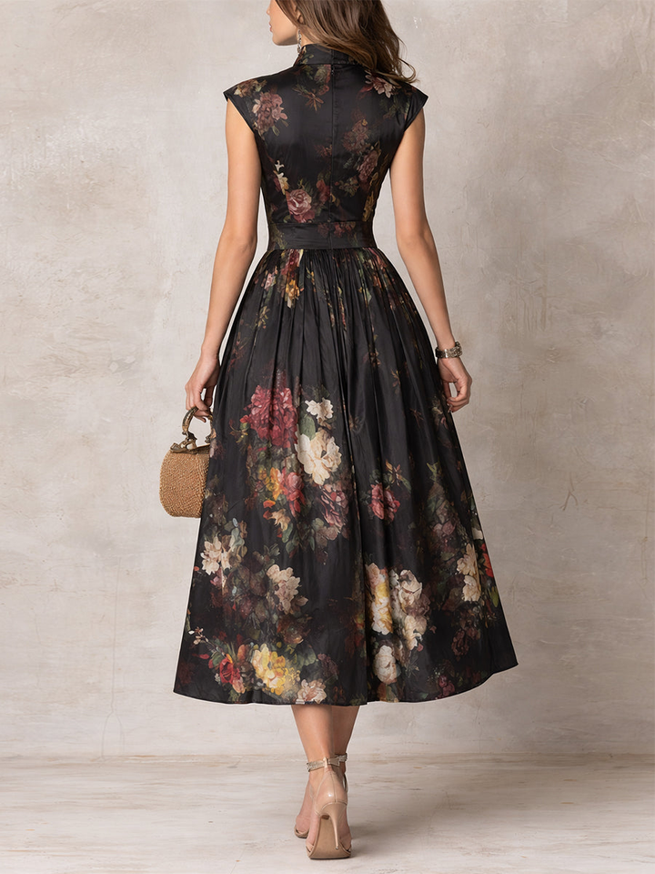 Violetta™ | Black Midi Dress in Pleated Satin with Floral Pattern and Heart Neckline