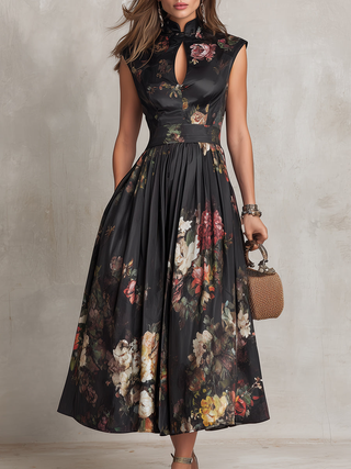 Violetta™ | Black Midi Dress in Pleated Satin with Floral Pattern and Heart Neckline