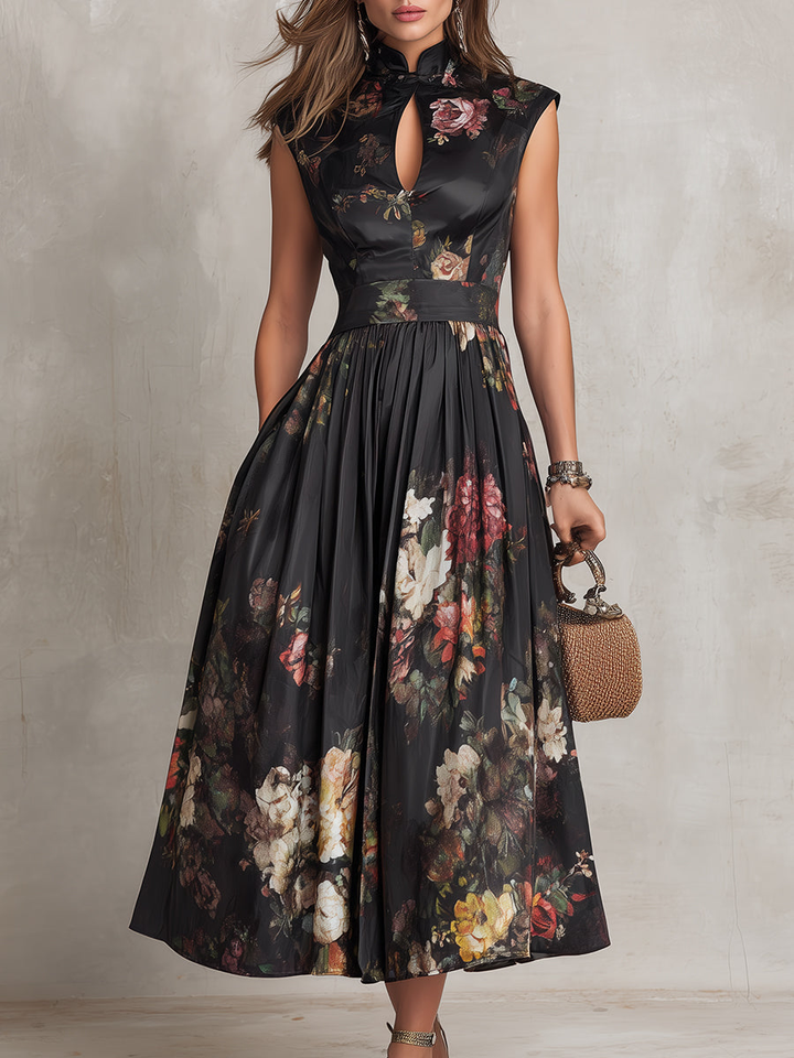 Violetta™ | Black Midi Dress in Pleated Satin with Floral Pattern and Heart Neckline