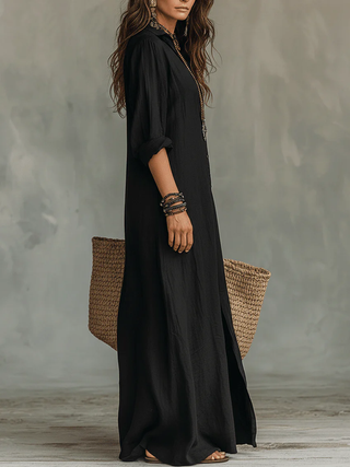 Soline™ | Long Black Maxi Dress with Buttons