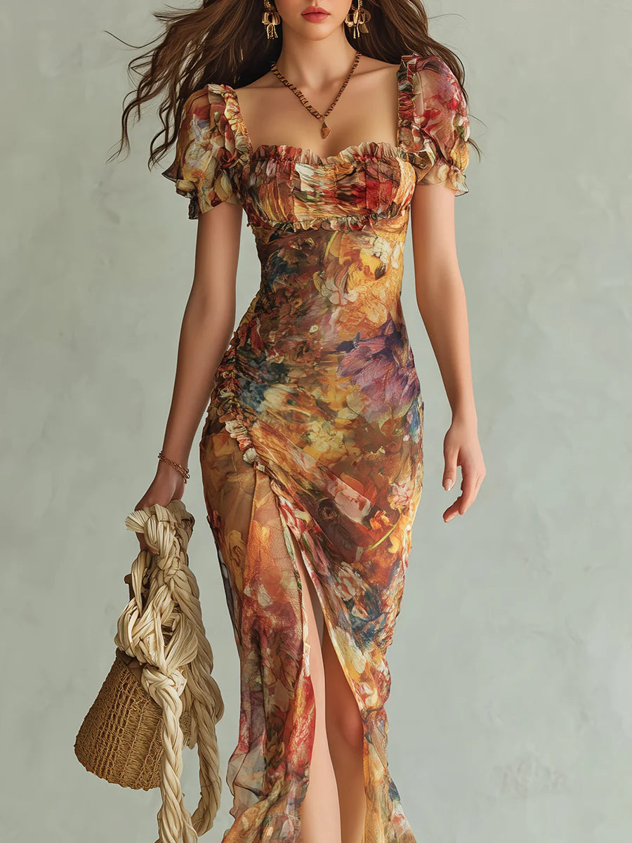 Viola™ | Long orange chiffon dress with bohemian artistic print