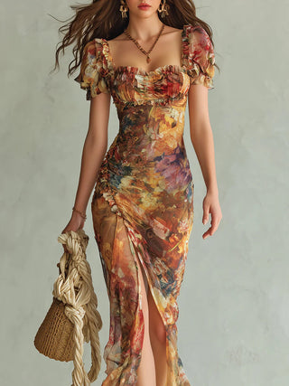 Viola™ | Long orange chiffon dress with bohemian artistic print