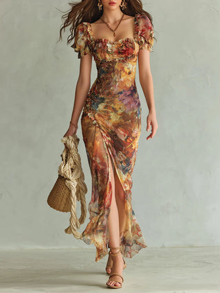 Viola™ | Long orange chiffon dress with bohemian artistic print
