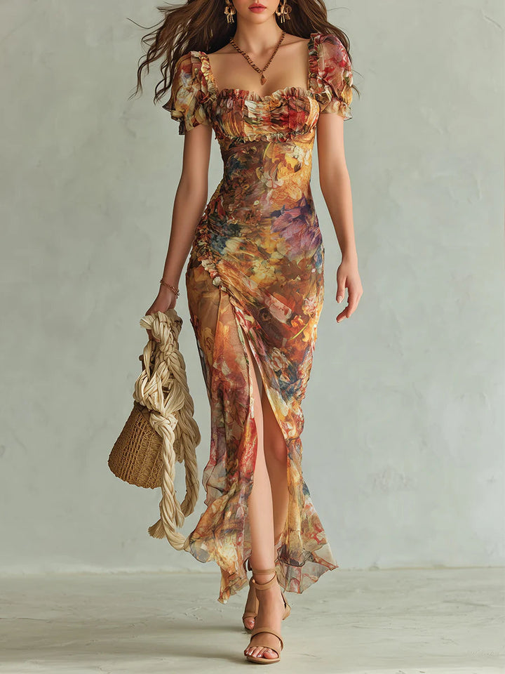 Viola™ | Long orange chiffon dress with bohemian artistic print