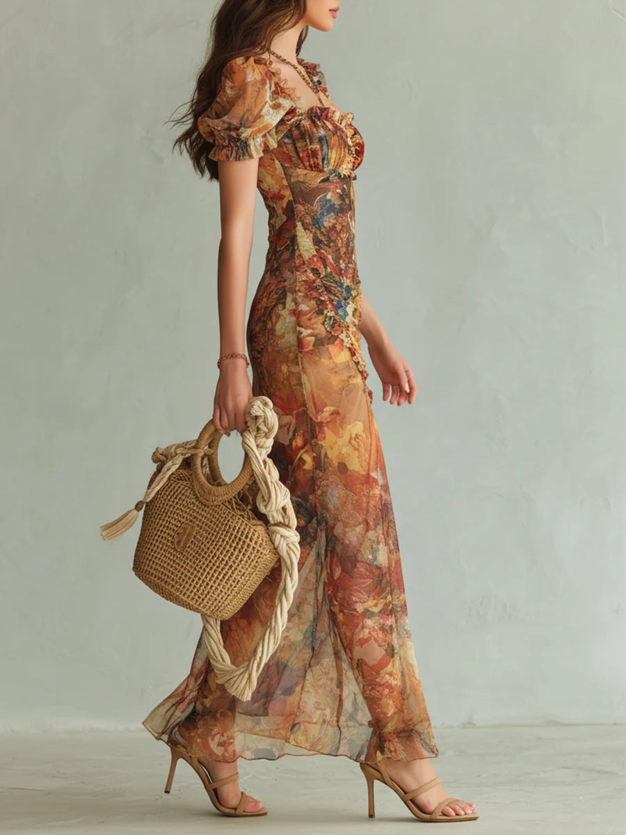 Viola™ | Long orange chiffon dress with bohemian artistic print