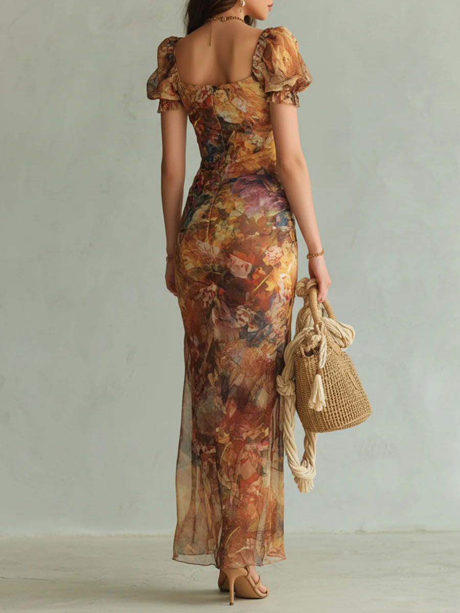 Viola™ | Long orange chiffon dress with bohemian artistic print