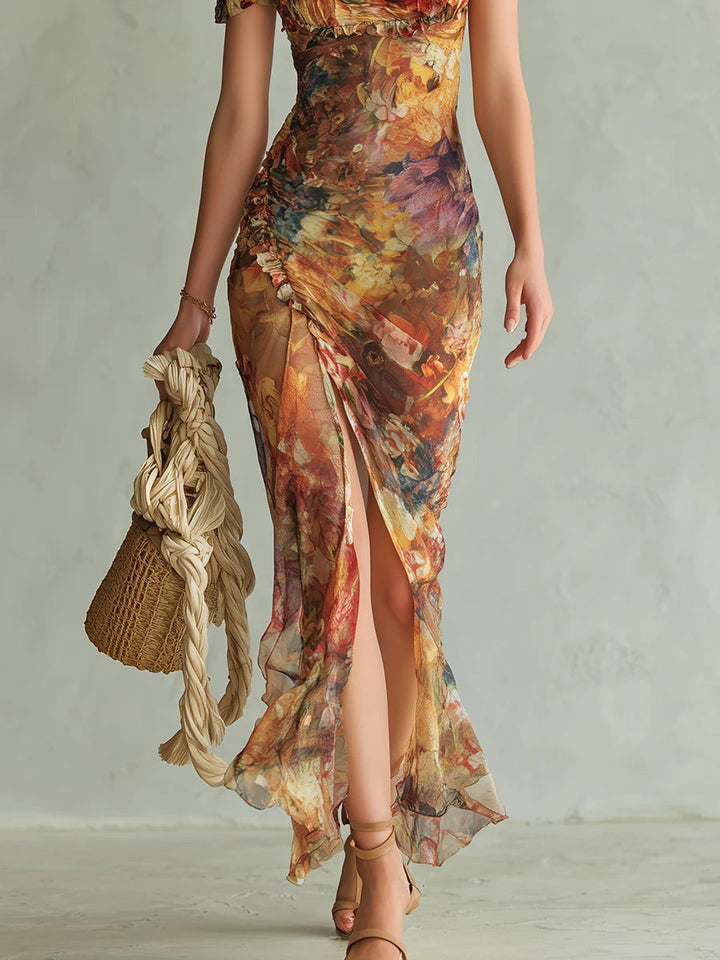 Viola™ | Long orange chiffon dress with bohemian artistic print