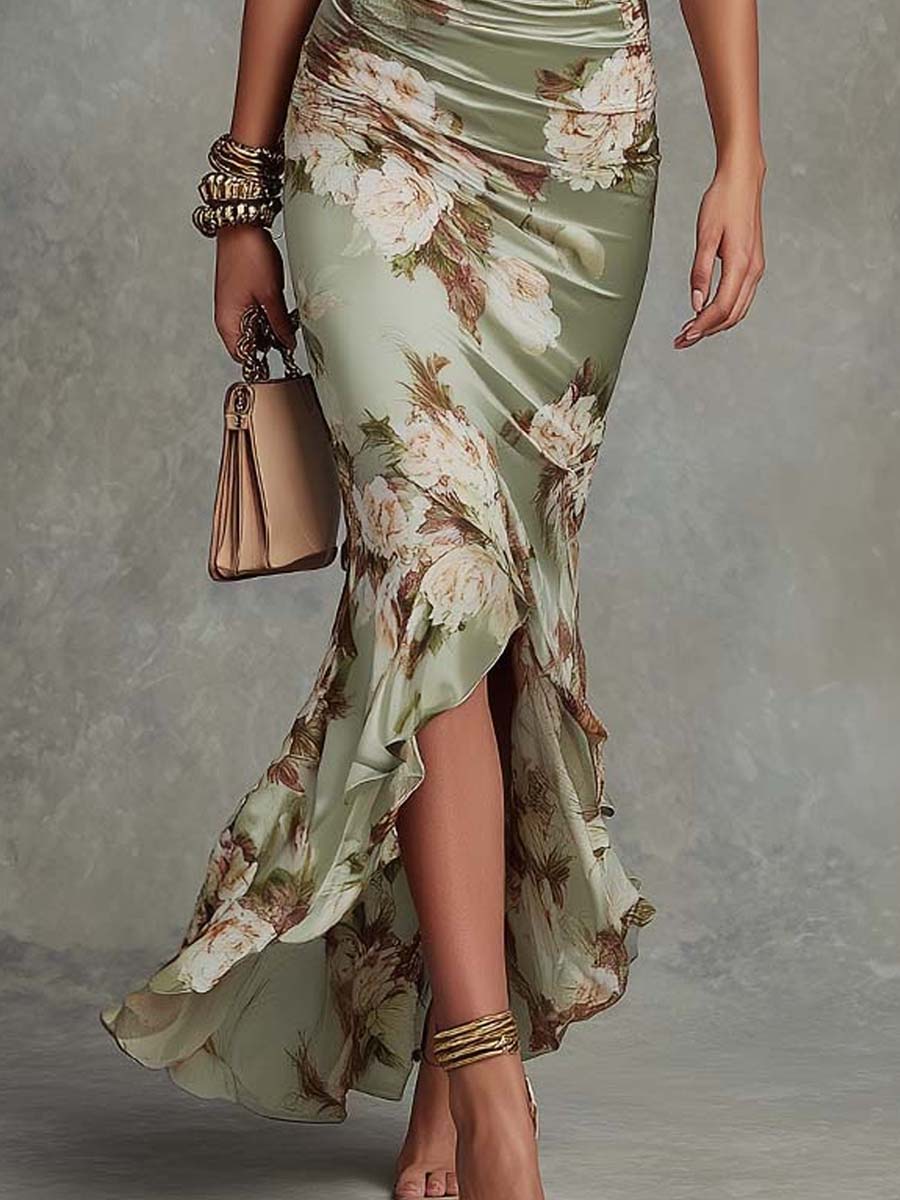 Delphine™ | Asymmetric Long Satin Dress, Puff Sleeves