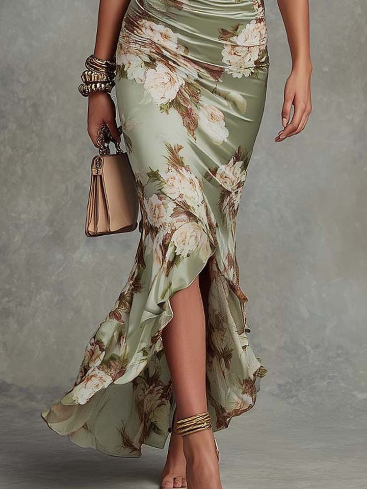 Delphine™ | Asymmetric Long Satin Dress, Puff Sleeves