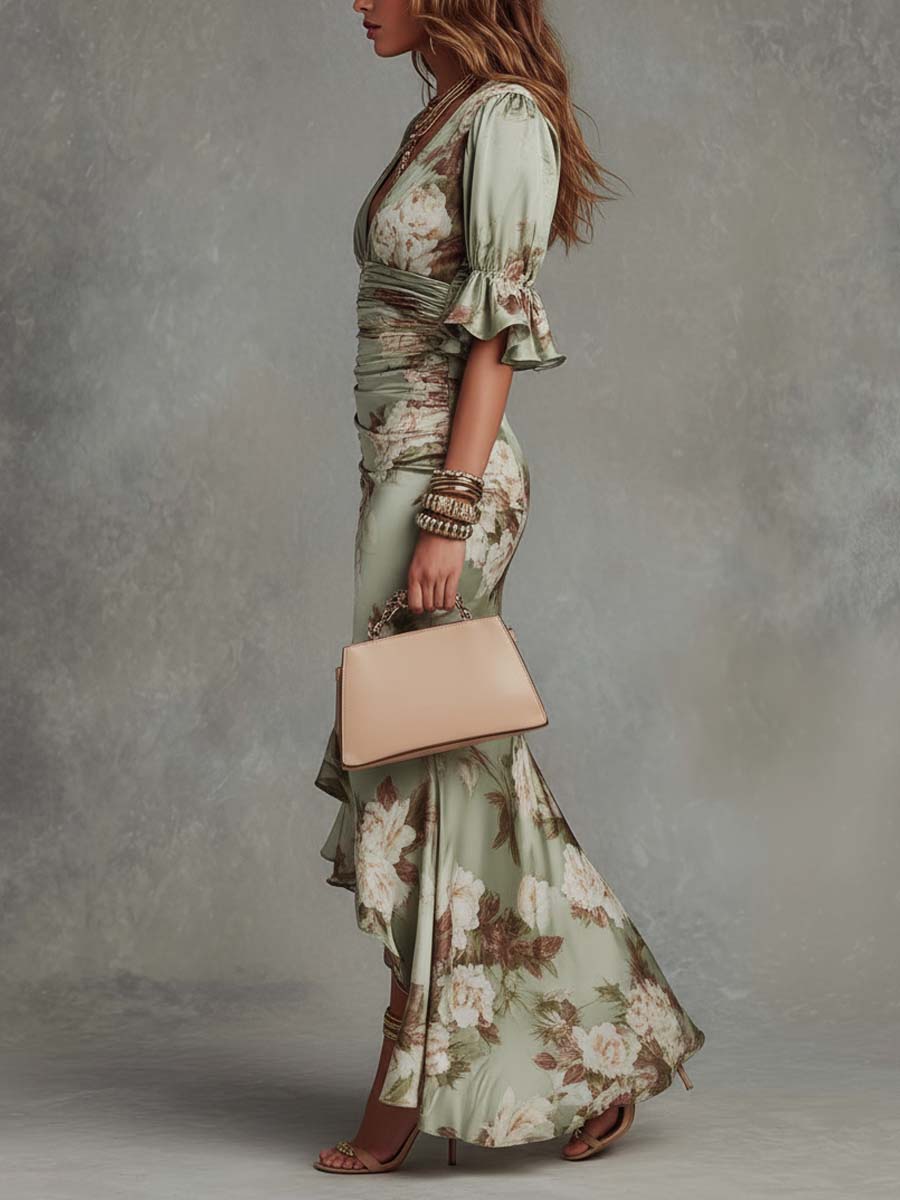 Delphine™ | Asymmetric Long Satin Dress, Puff Sleeves