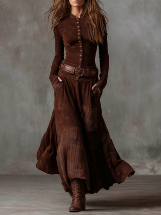 Elisa | Faux Suede Maxi Dress with Belt