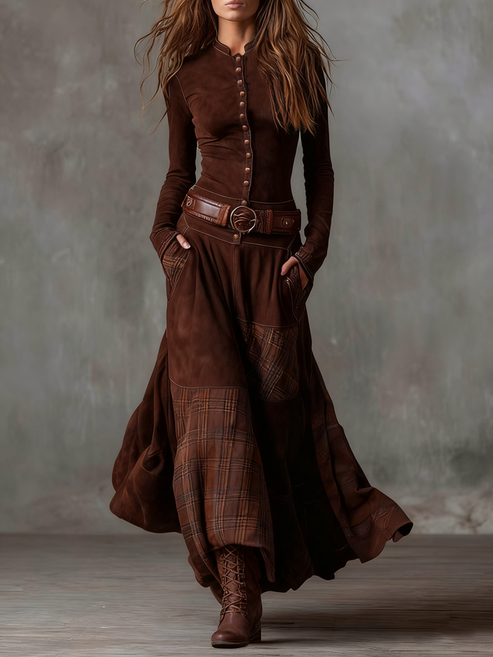 Elisa | Faux Suede Maxi Dress with Belt