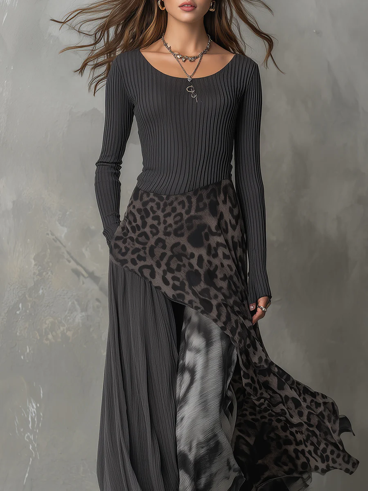 Nadia | Gray Leopard Print Asymmetrical Maxi Dress