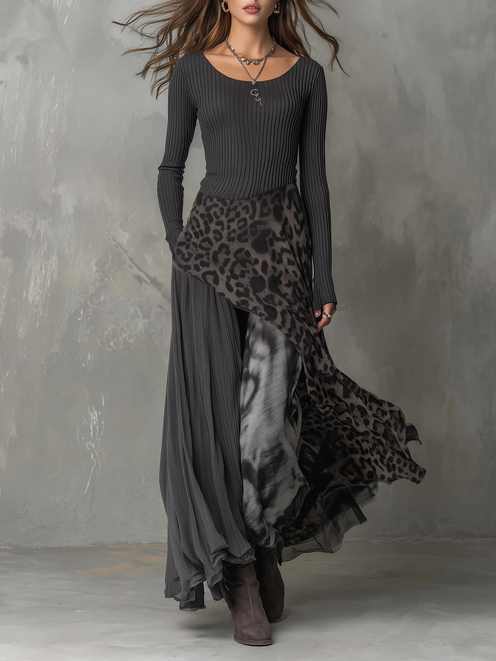Nadia | Gray Leopard Print Asymmetrical Maxi Dress