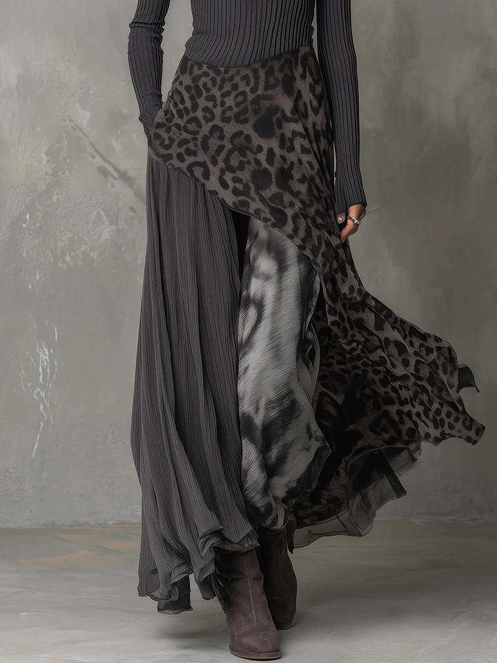 Nadia | Gray Leopard Print Asymmetrical Maxi Dress