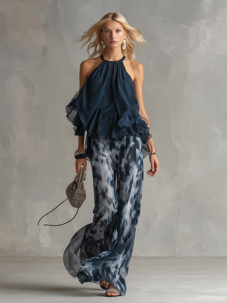 Séverine™ | Elegant navy halter neck top with printed wide-leg trousers