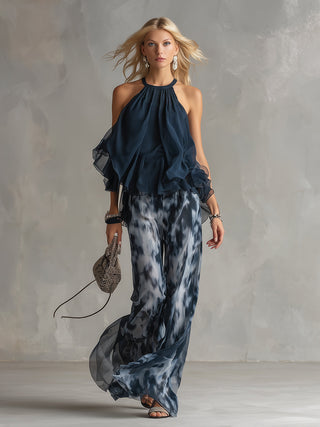 Séverine™ | Elegant navy halter neck top with printed wide-leg trousers
