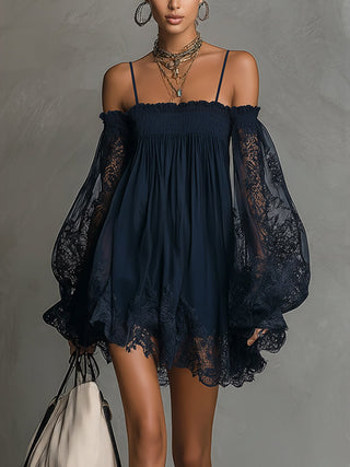 Fiorella™ | Mini Navy Chiffon Dress with Off-the-Shoulder Neckline, Lace Details, and Sheer Sleeves