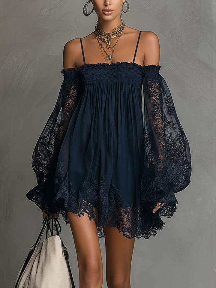 Fiorella™ | Mini Navy Chiffon Dress with Off-the-Shoulder Neckline, Lace Details, and Sheer Sleeves