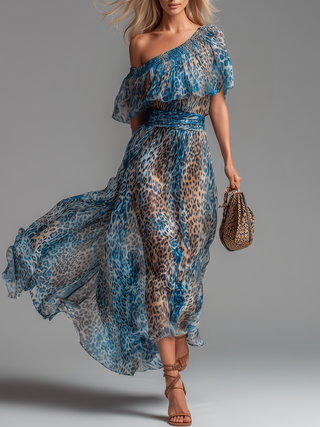 Léana™ | Long Leopard Dress with Bare Shoulders