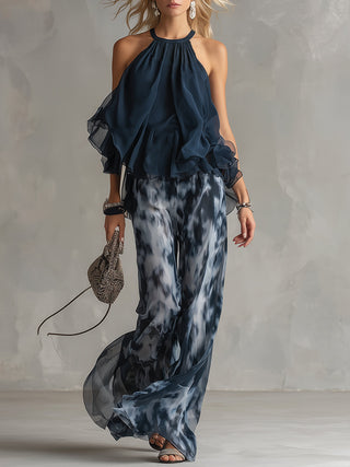 Séverine™ | Elegant navy halter neck top with printed wide-leg trousers