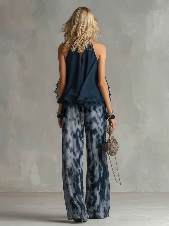 Séverine™ | Elegant navy halter neck top with printed wide-leg trousers