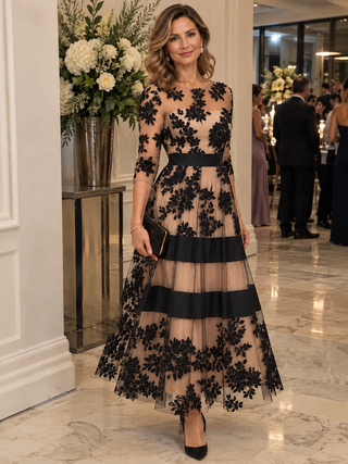 Adeline | Floral Lace Midi Evening Dress