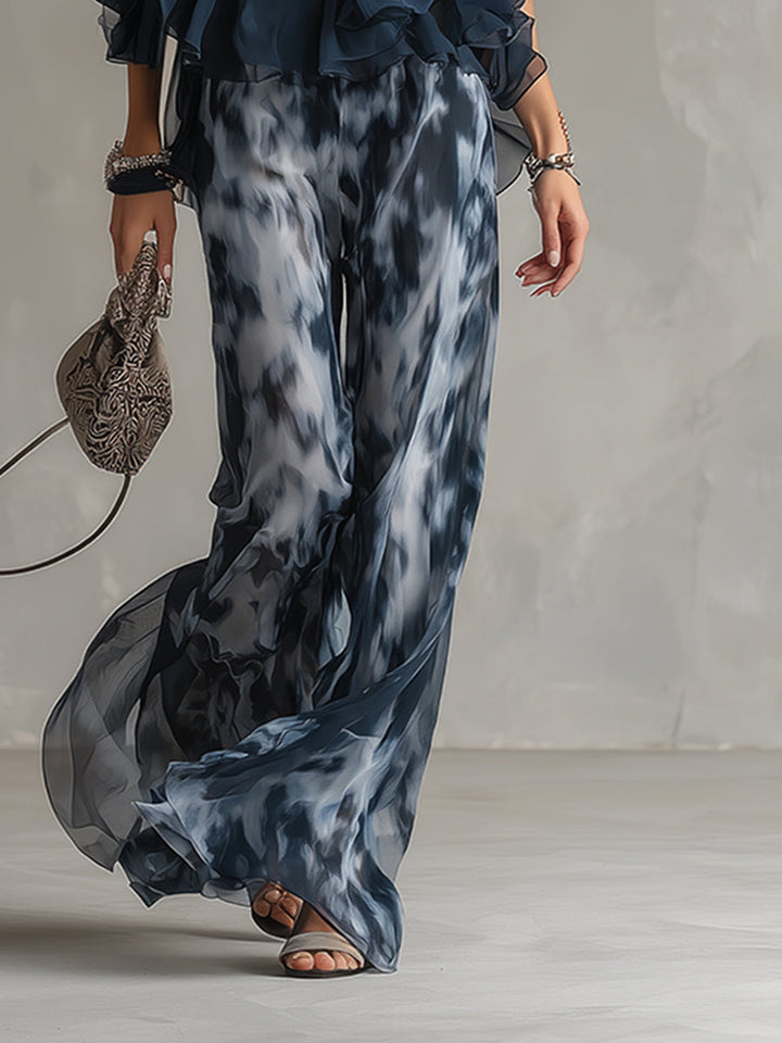 Séverine™ | Elegant navy halter neck top with printed wide-leg trousers
