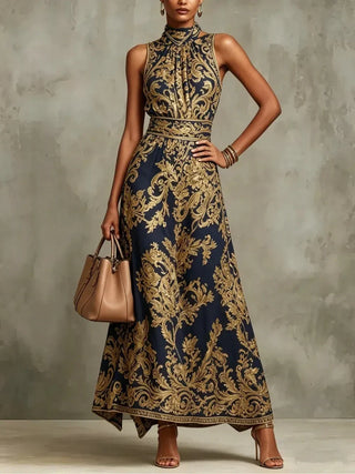 Gizelle | Gold Baroque Halter Neck Maxi Dress