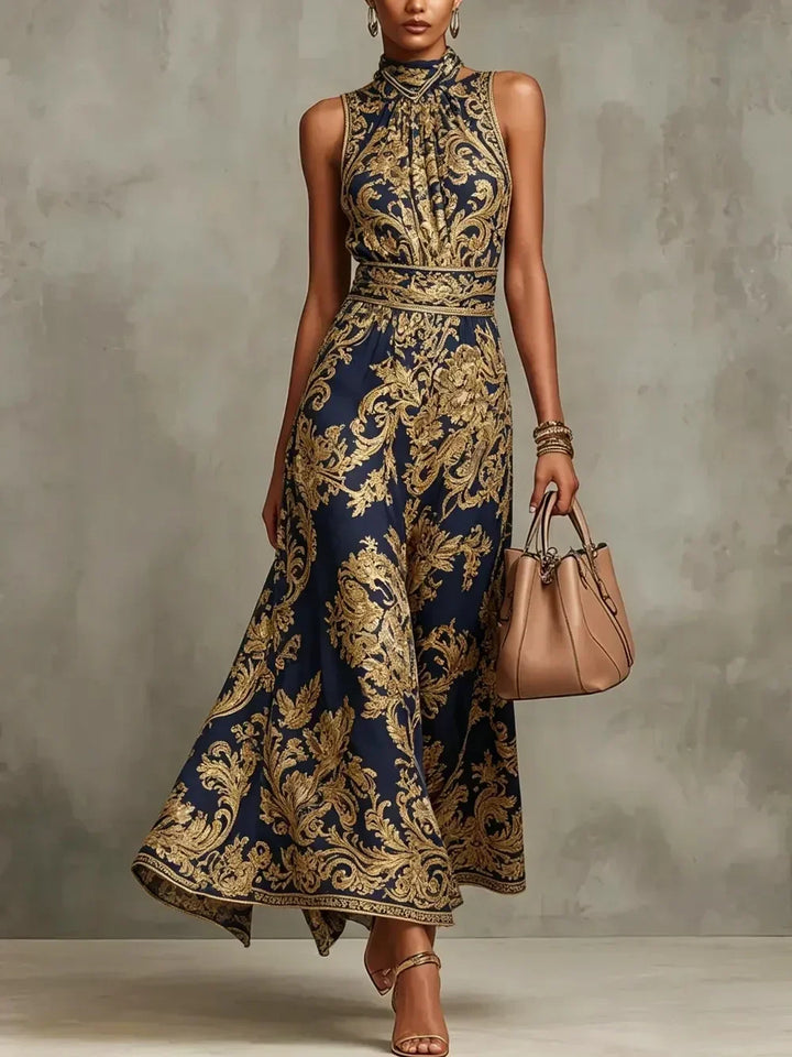 Gizelle | Gold Baroque Halter Neck Maxi Dress