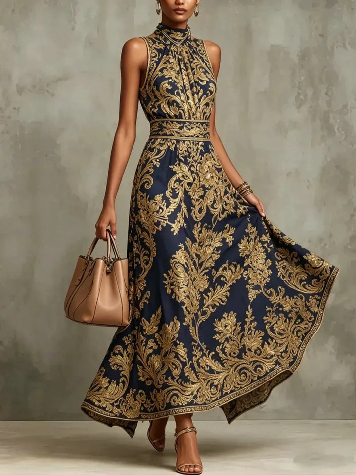 Gizelle | Gold Baroque Halter Neck Maxi Dress