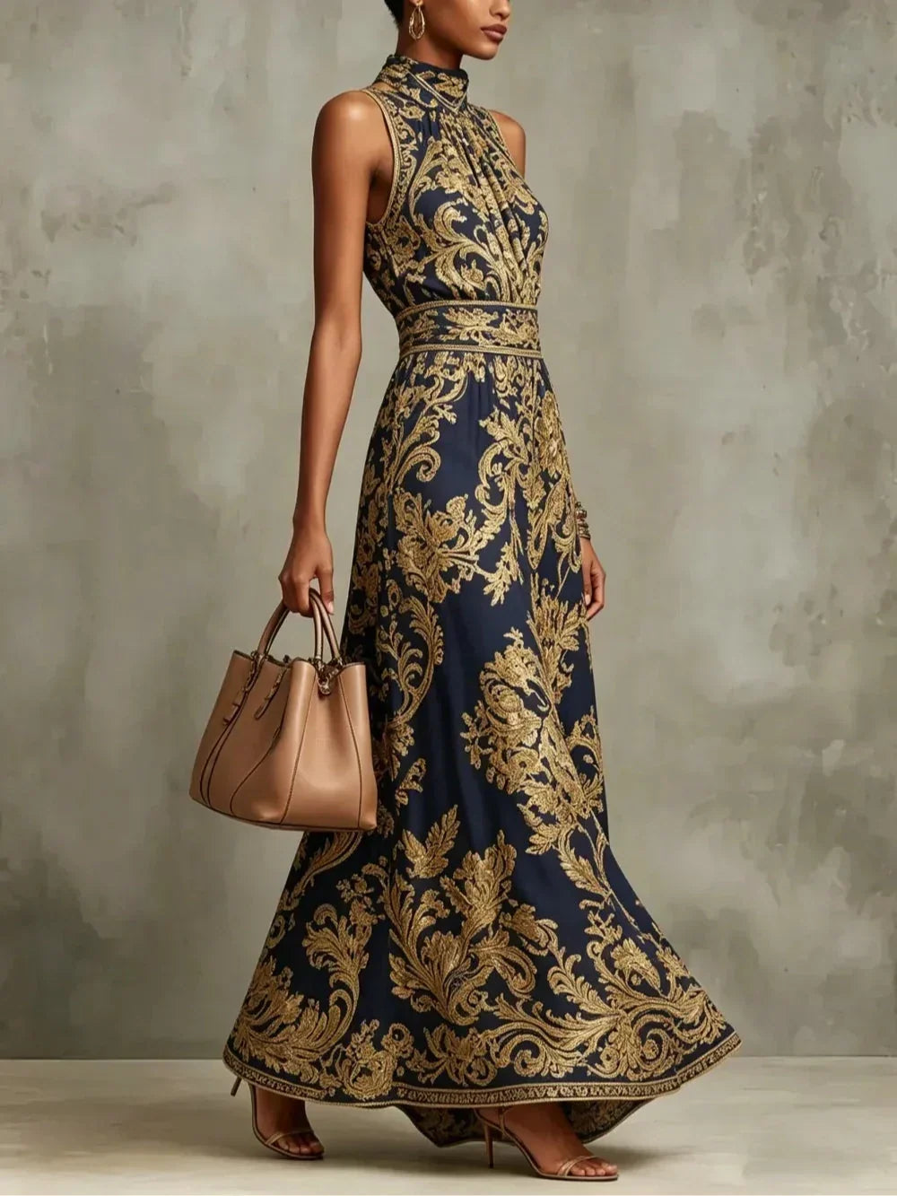 Gizelle | Gold Baroque Halter Neck Maxi Dress