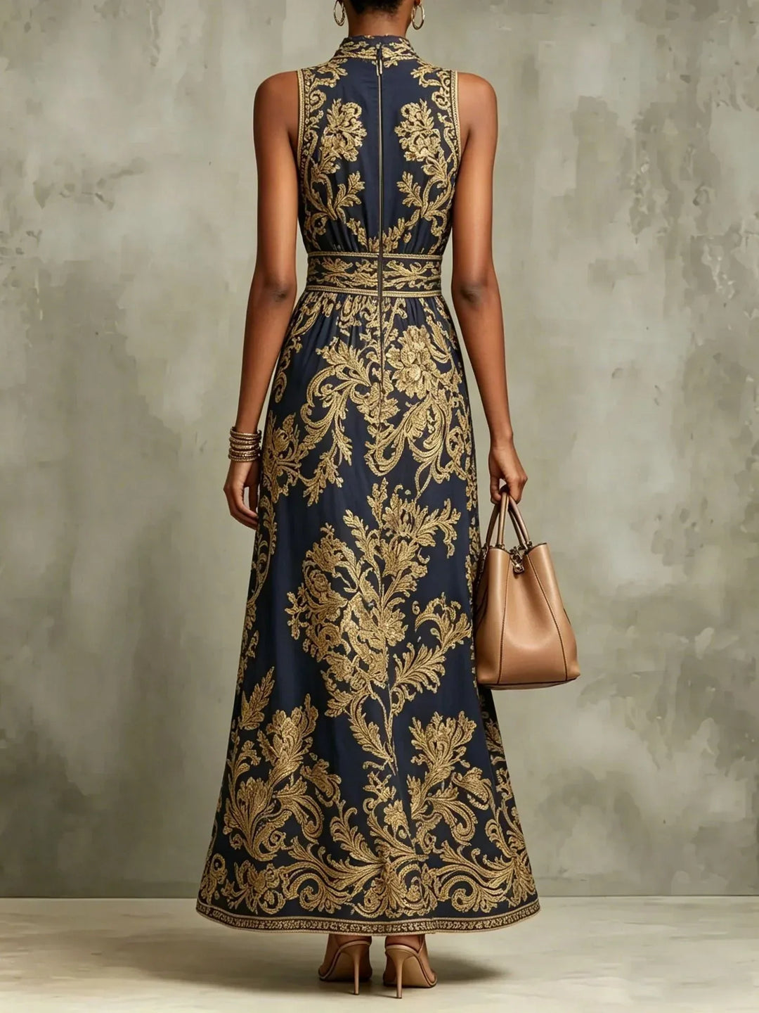 Gizelle | Gold Baroque Halter Neck Maxi Dress